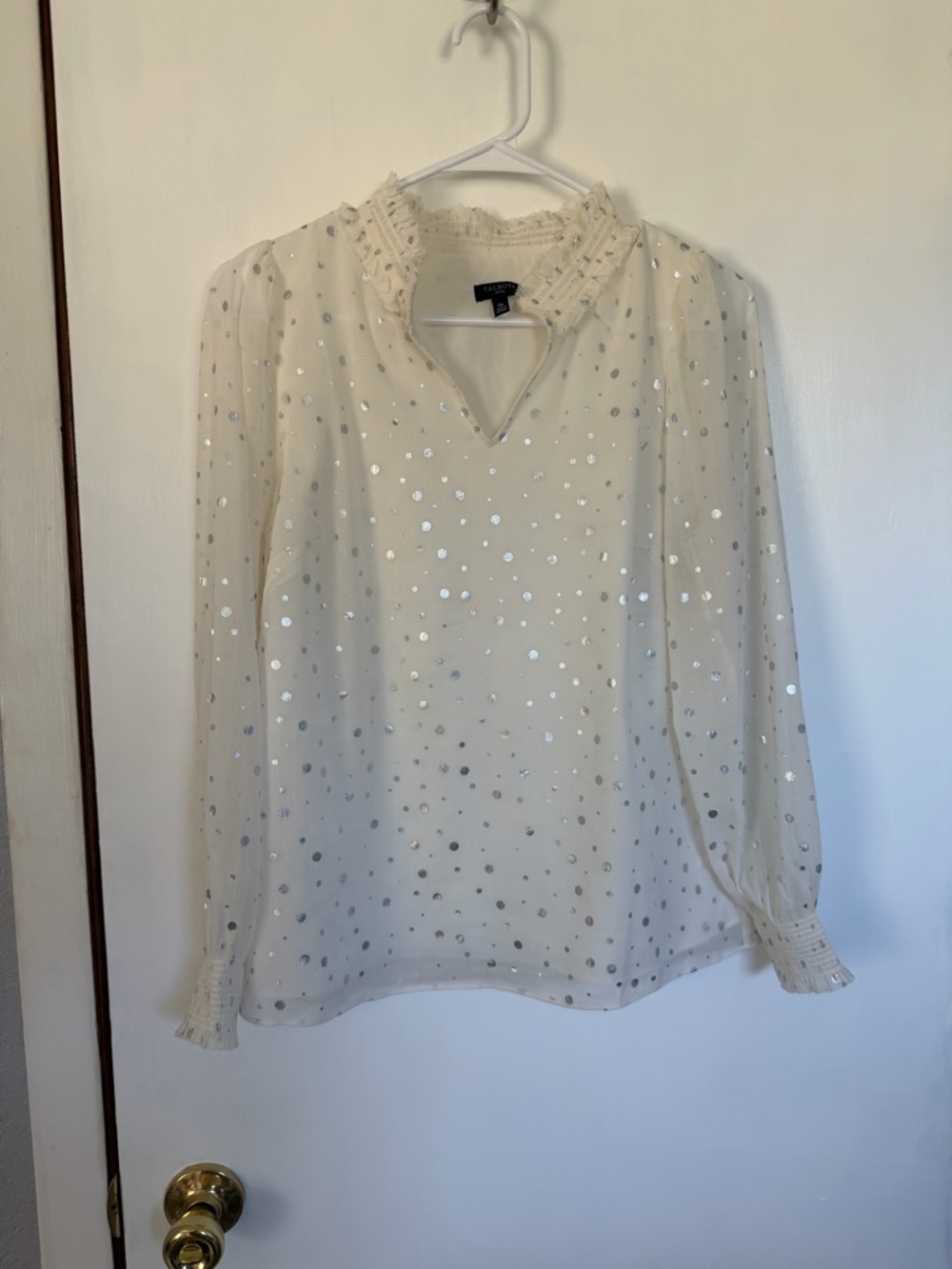 Talbots Ivory Sequin Ruffle-Neck Long-Sleeve Blouse